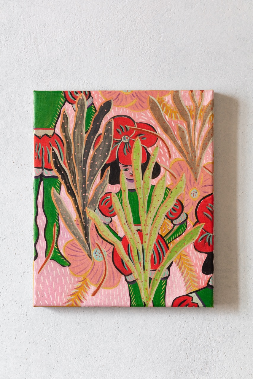 Green, red and pink painting of small flower man