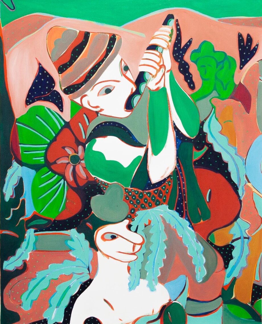 Painting of flute player in a tropical setting