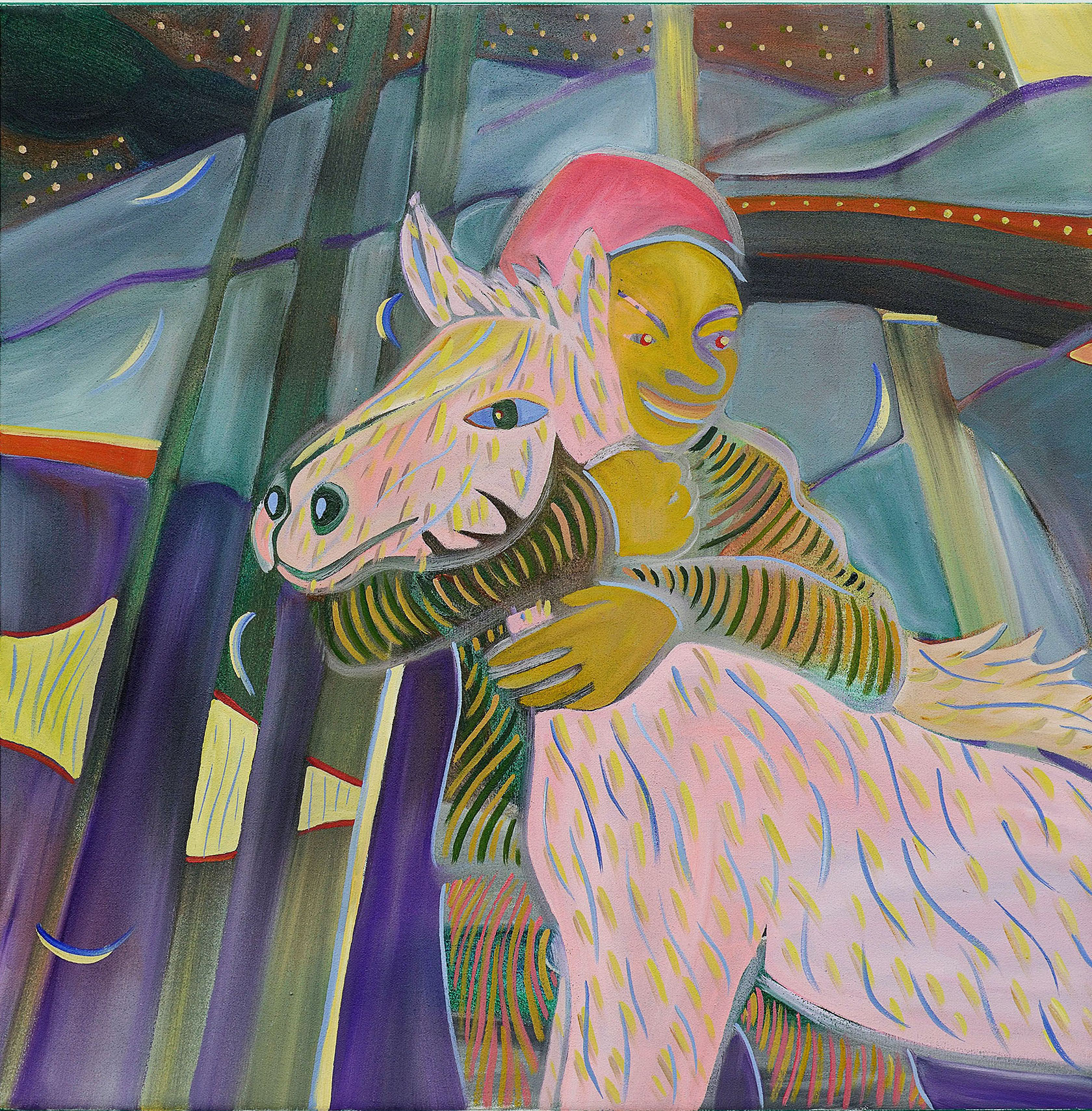 Oil painting of girl hugging her albino horse at midnight