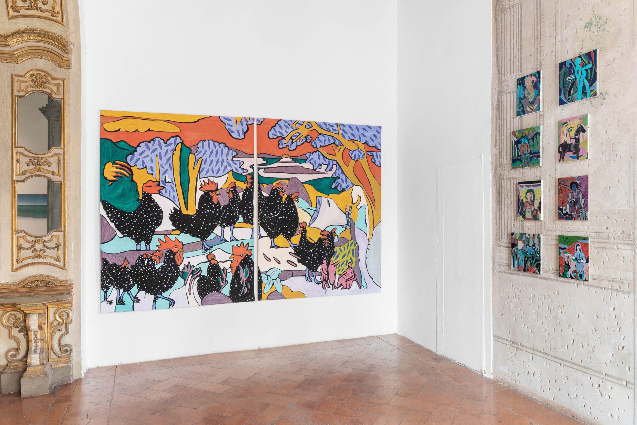 Installation shot of colourful large chicken painting with smaller paintings on the side