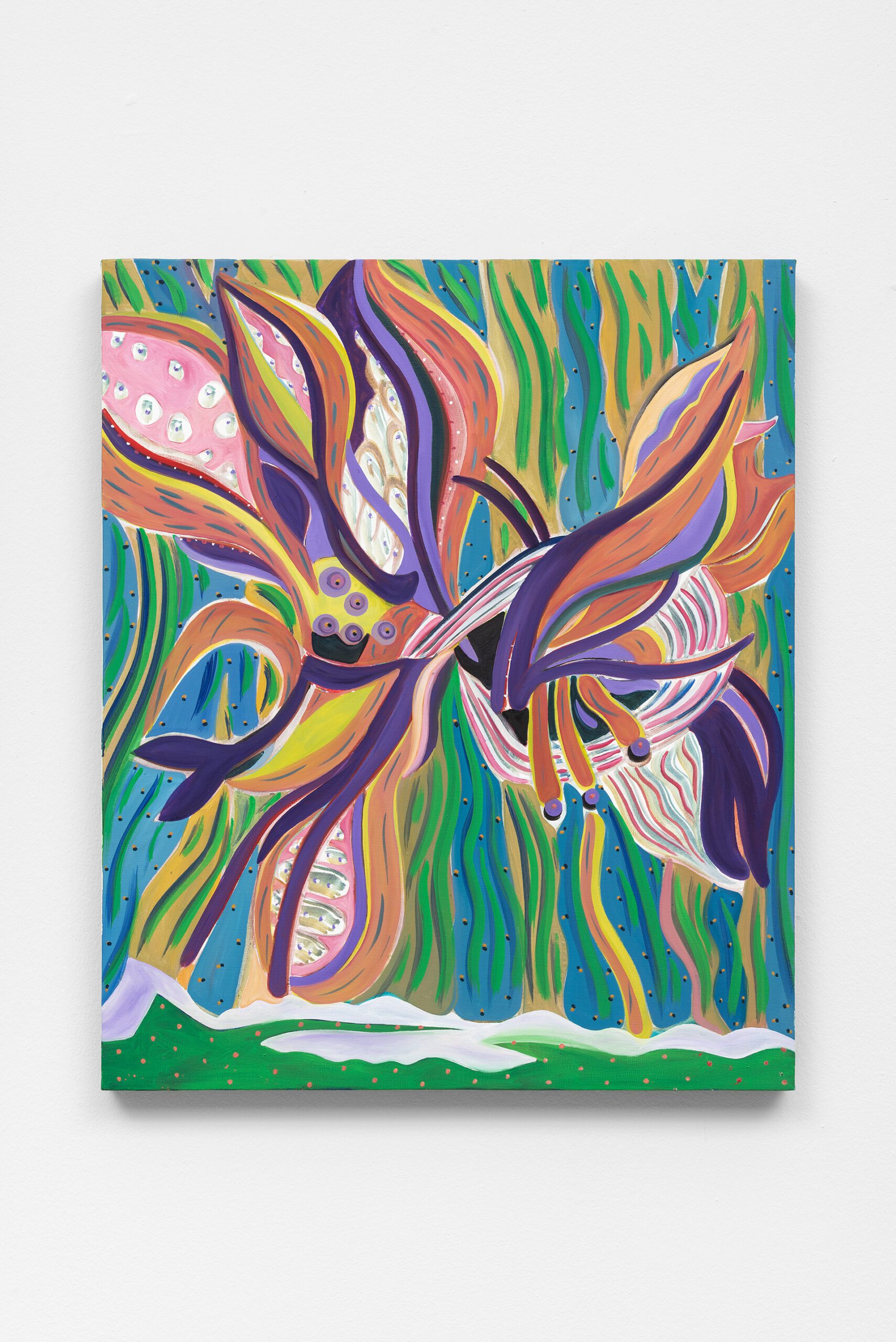 Green, pink and purple painting of flowers floating and growing