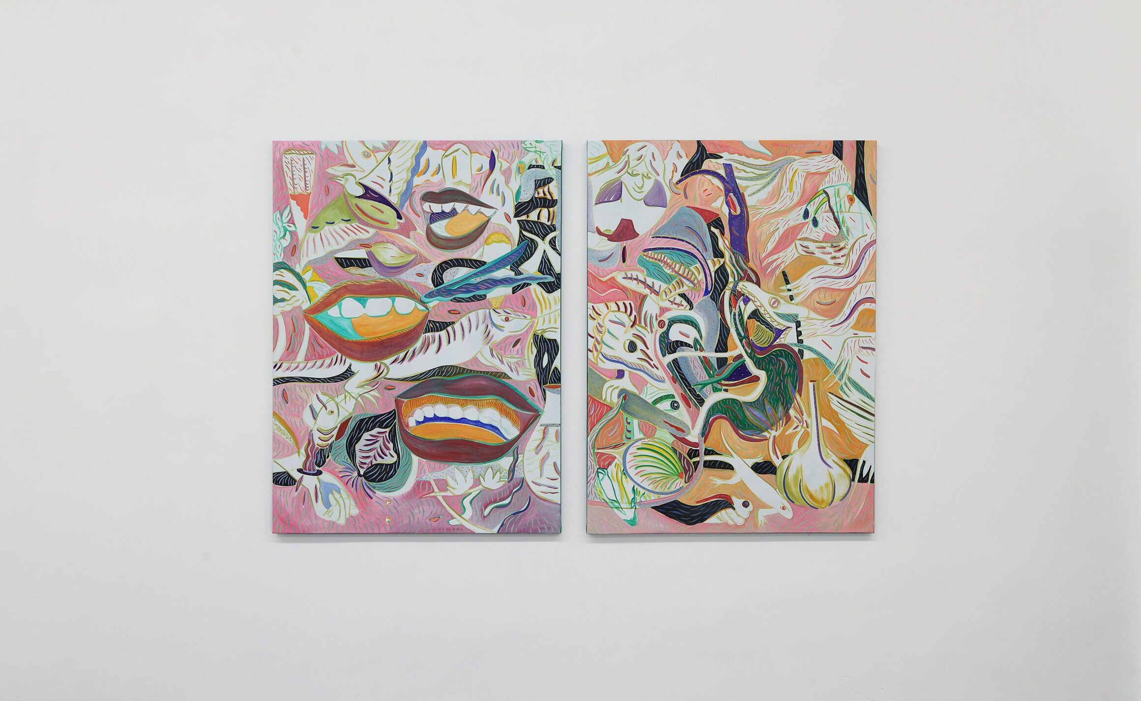 Diptych mainly pink and white, of mouths and digestive organs processing folkloric tales of the Ciociaria region