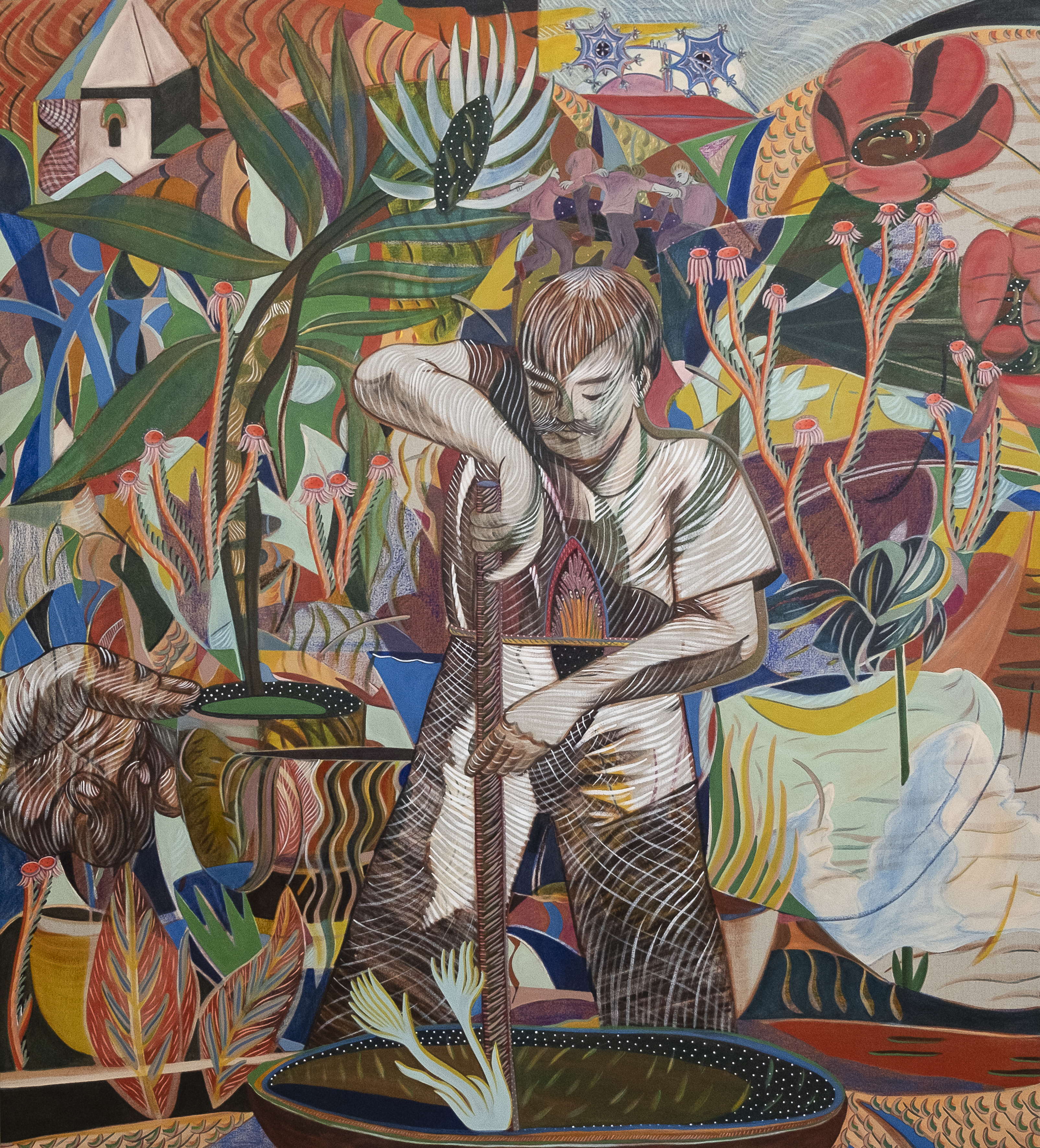 Colourful painting of a man measuring a small plant