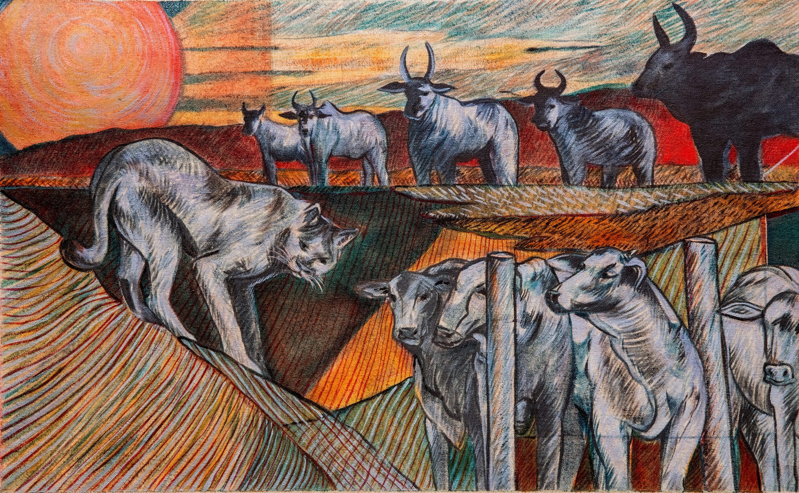 A onça e as meninas I, 38 x 62 cm, oil on linen, 2026
