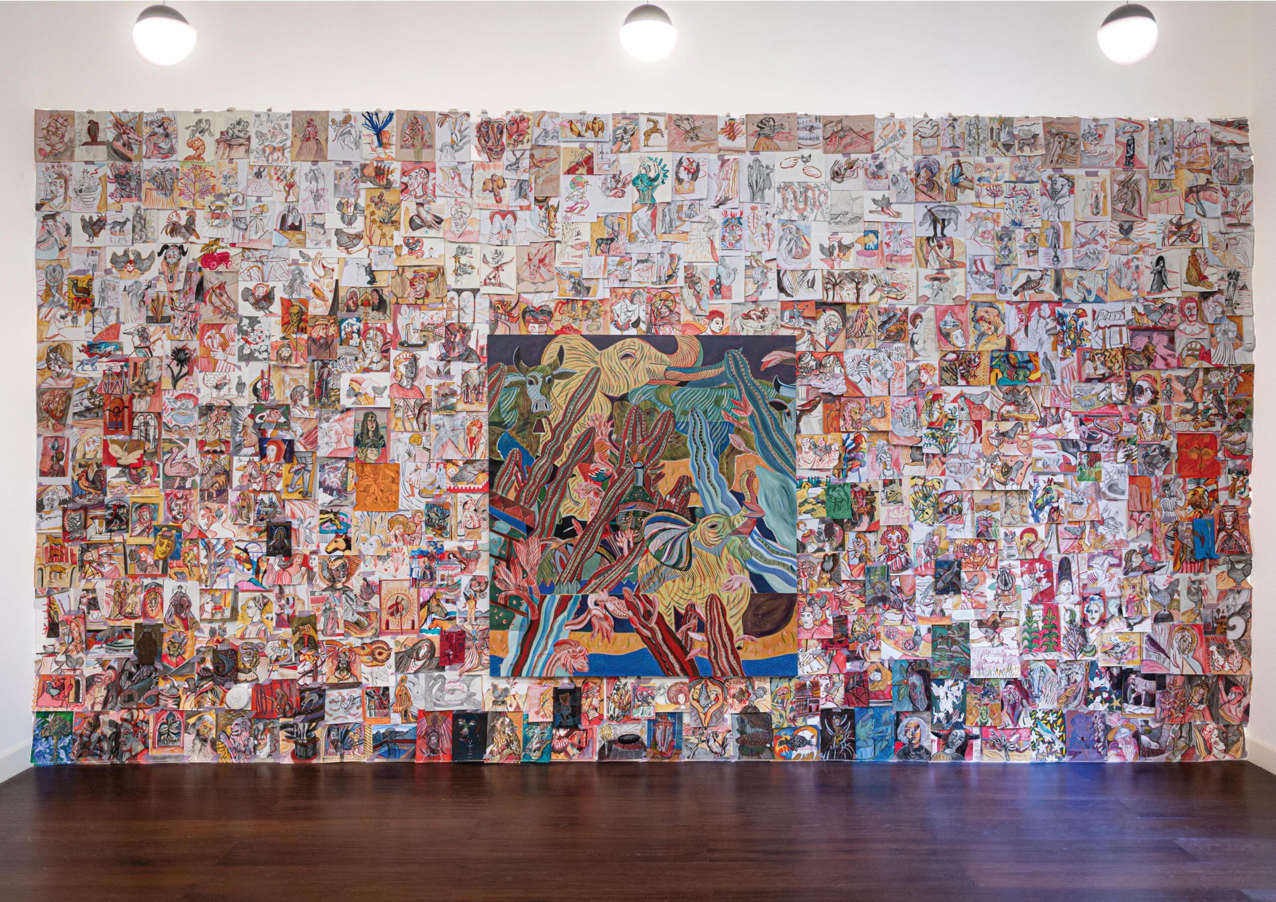 Polisemie del visibile, Palazzo Borromeo, Wall of drawings and oil pianting, courtesy LCA Studio Legale, 2026, Photo courtesy Eleonora Pavesi